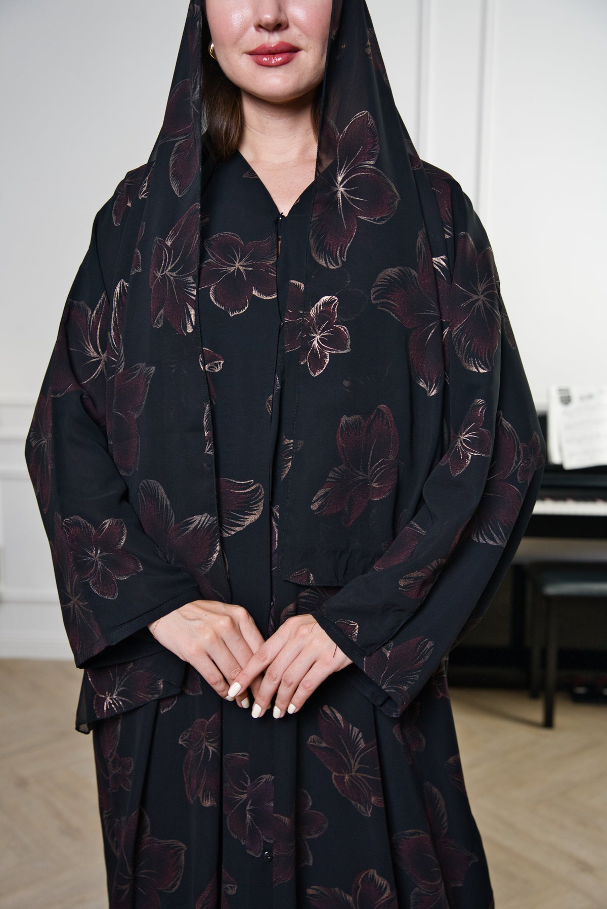 A015 Floral Print Shiffon Abaya