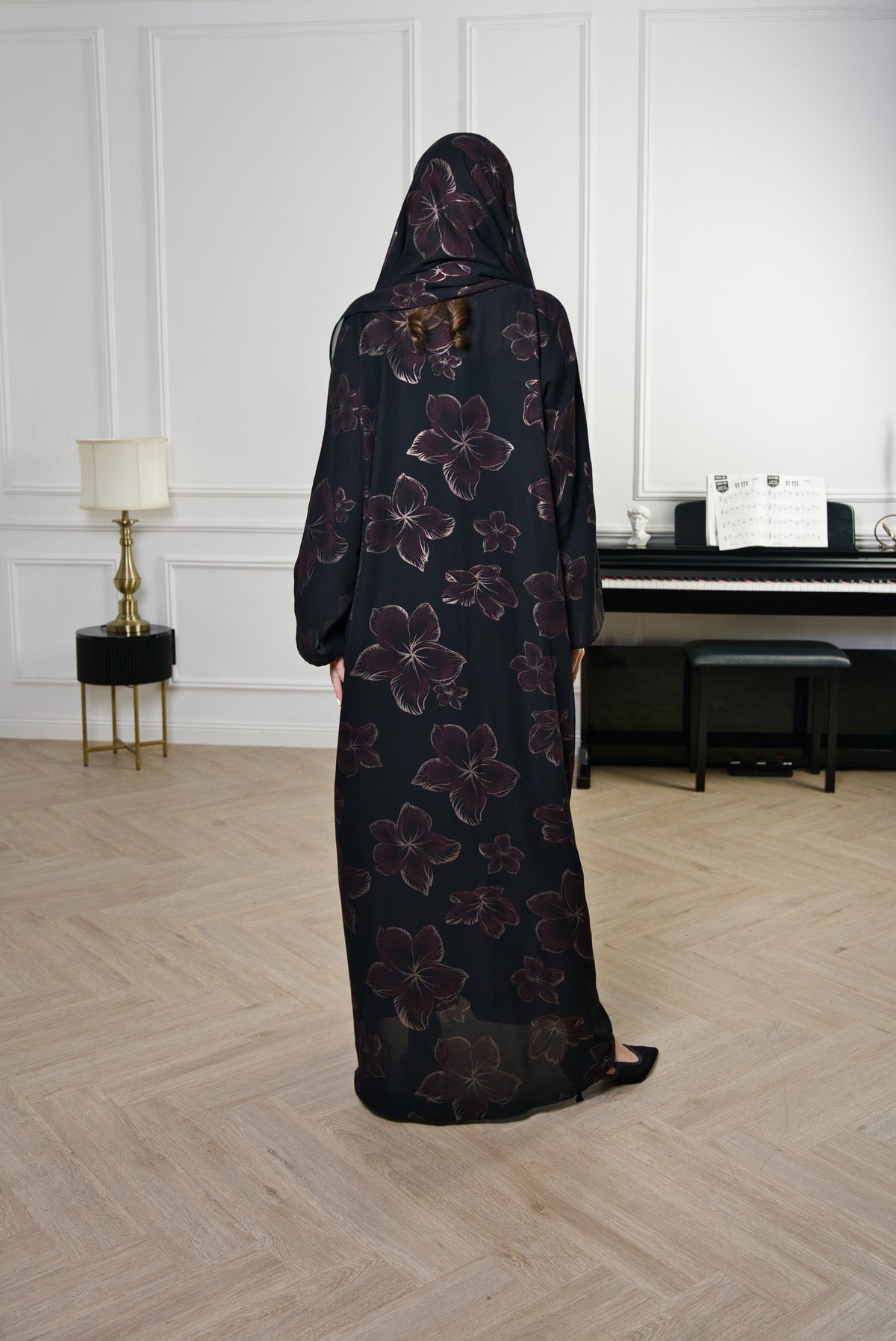 A015 Floral Print Shiffon Abaya