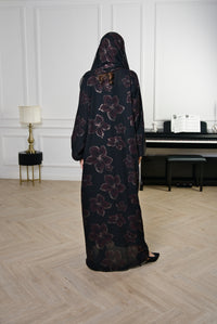A015 Floral Print Shiffon Abaya