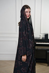 A015 Floral Print Shiffon Abaya
