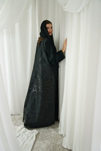 A017 Black Flower Canvas Abaya
