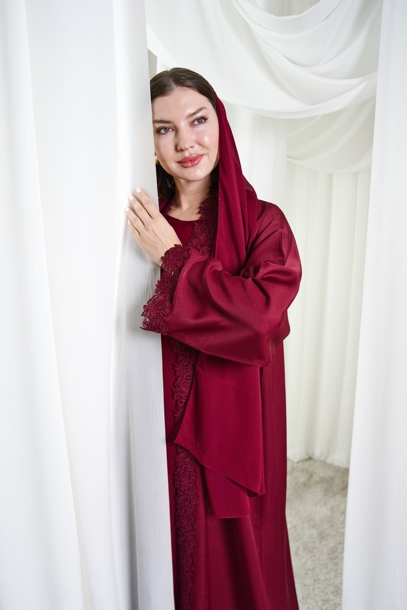 A006 Burgundy Floral Abaya